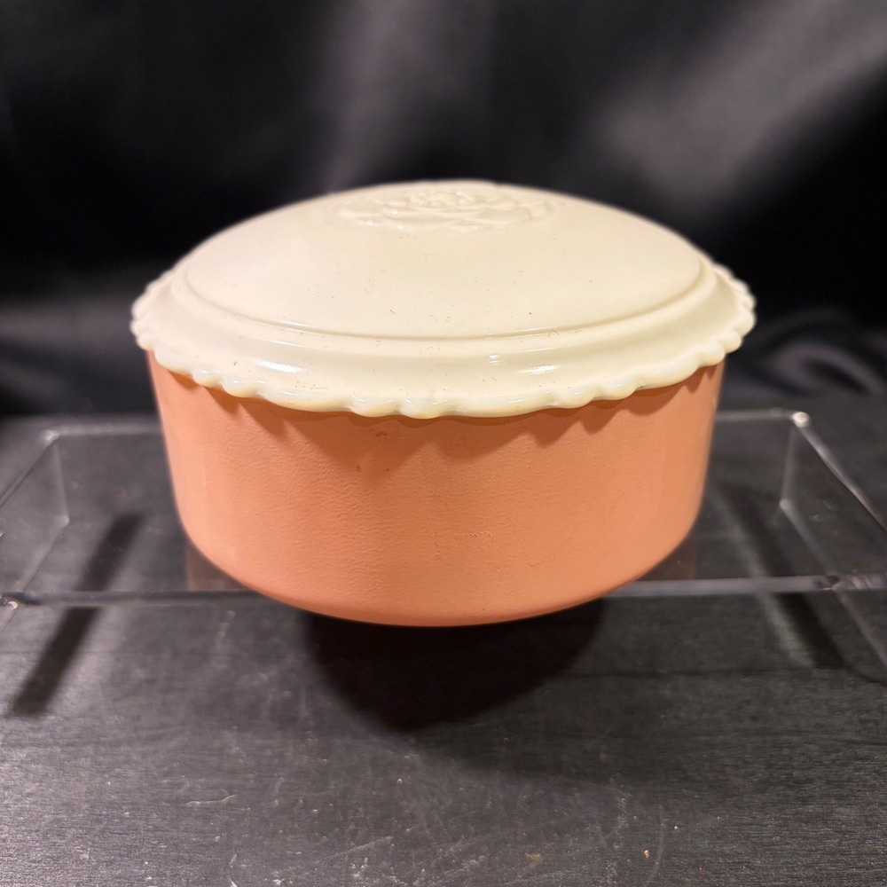 Vintage Peach Milk Glass Powder Jar with UV Reactive Custard Glass Rose Lid